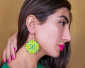 Boucles d’Oreilles Pendantes Rondes Plates avec Motif Verte et Jaune XXL