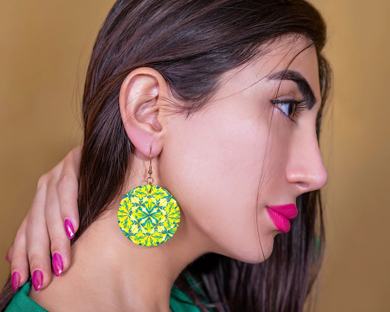 Boucles d’Oreilles Pendantes Rondes Plates avec Motif Verte et Jaune XXL